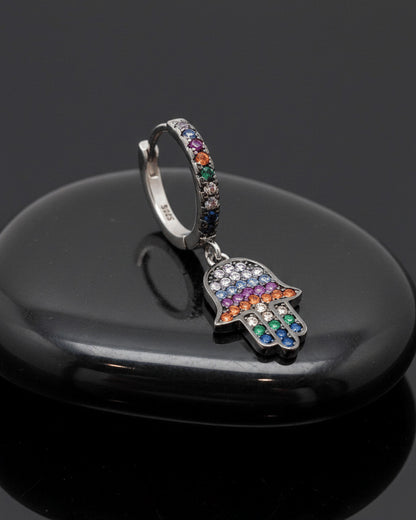 multi-colored stones hamsa dangling hoop earring.