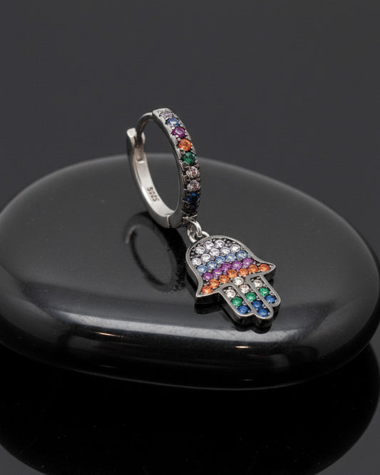 multi-colored stones hamsa dangling hoop earring.