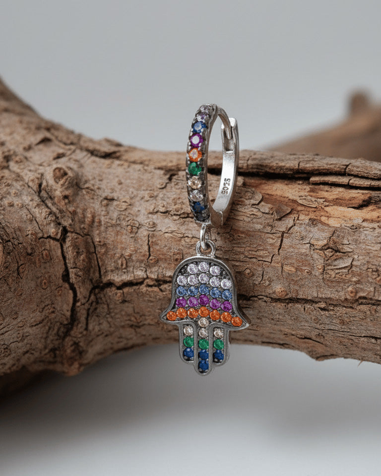 multi-colored stones hamsa dangling hoop earring.
