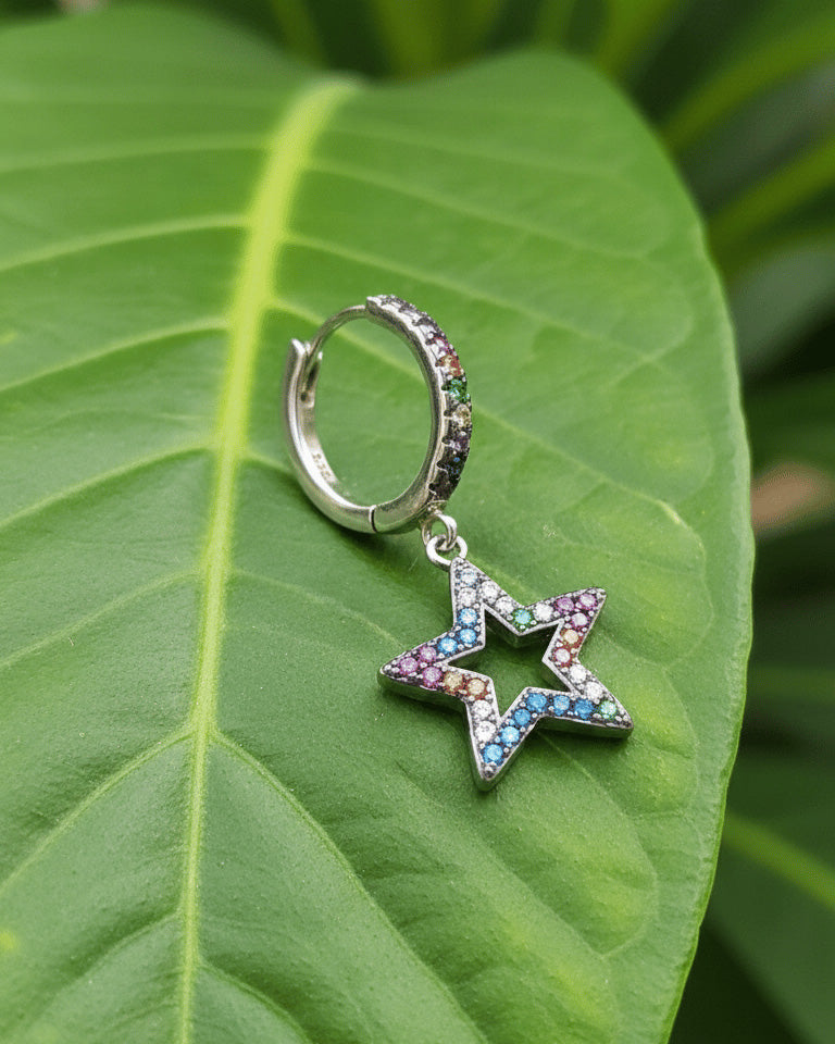 multi-color CZ dangling star shape huggie hoop earring.