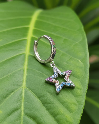 multi-color CZ dangling star shape huggie hoop earring.