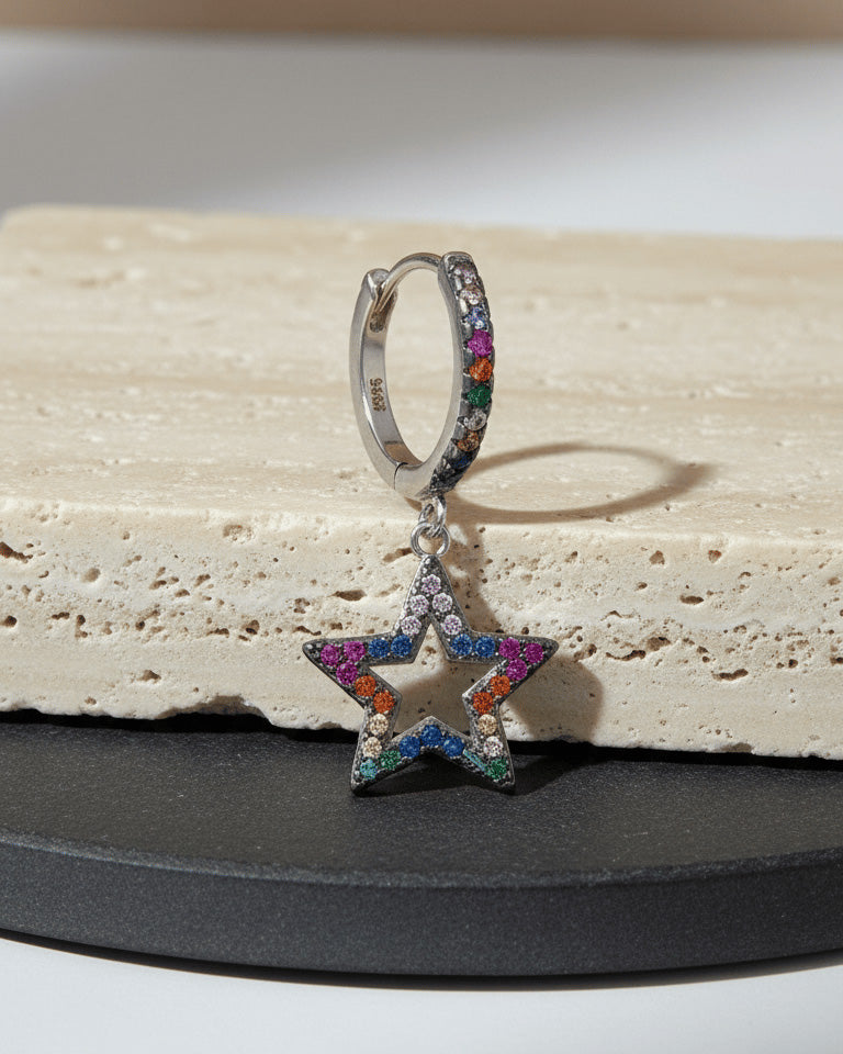 multi-color CZ dangling star shape huggie hoop earring.