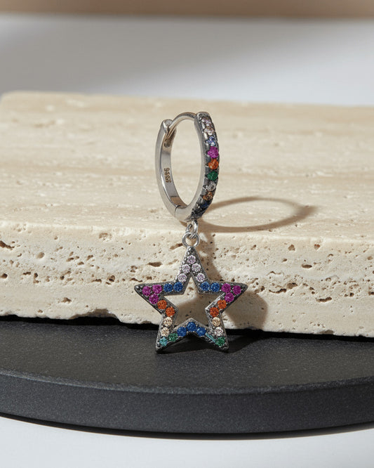 multi-color CZ dangling star shape huggie hoop earring.