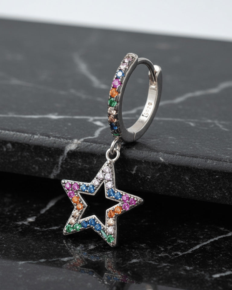 multi-color CZ dangling star shape huggie hoop earring.