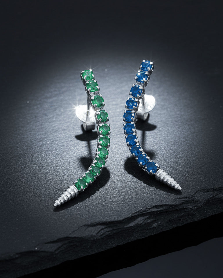one line emerald and sapphire color stud earring.