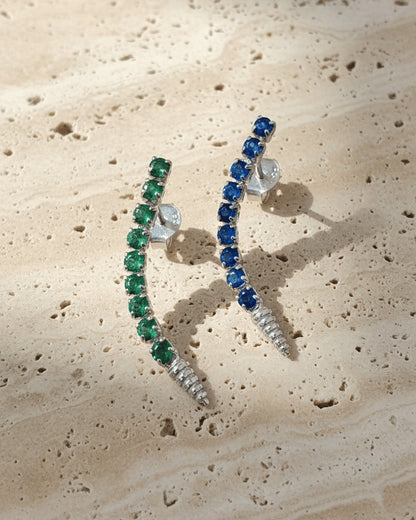 one line emerald and sapphire color stud earring.