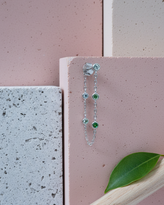 back to front minimal chain earring with graduated CZ color.