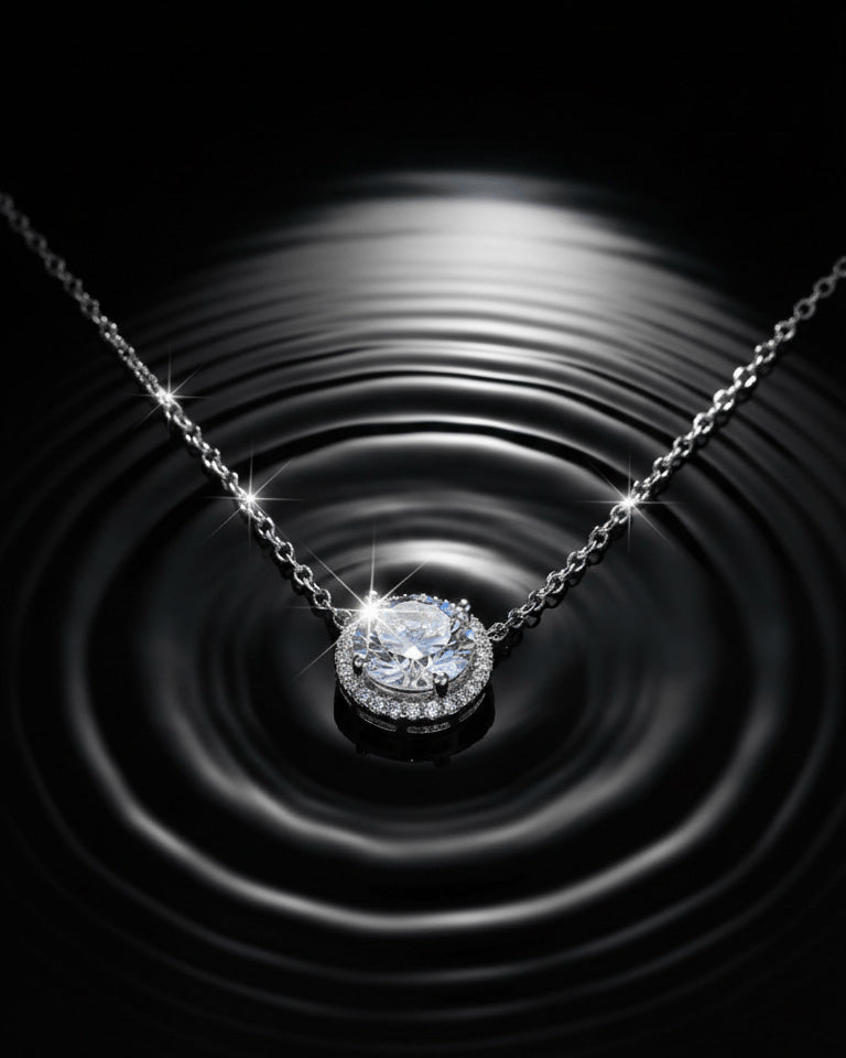 solitaire CZ necklace in halo setting.