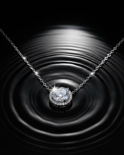 solitaire CZ necklace in halo setting.