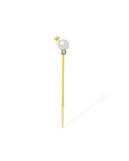 pearl and green CZ with dangling chain stud earring.