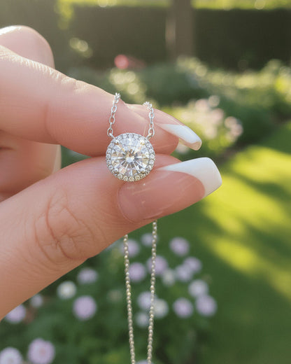 solitaire CZ necklace in halo setting.