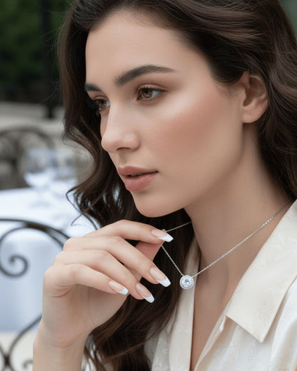 solitaire CZ necklace in halo setting.