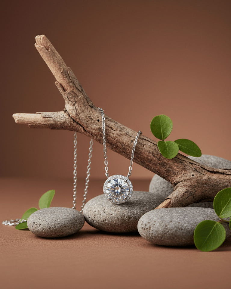 solitaire CZ necklace in halo setting.