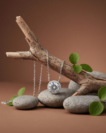 solitaire CZ necklace in halo setting.