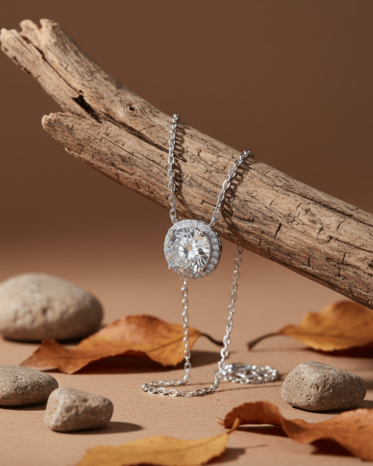 solitaire CZ necklace in halo setting.