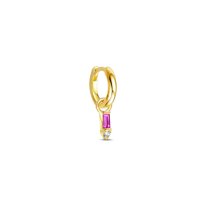 9 mm plain huggie hoops with removable dangling with pink baguette stone.