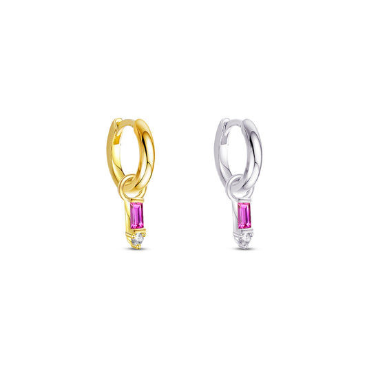 9 mm plain huggie hoops with removable dangling with pink baguette stone.