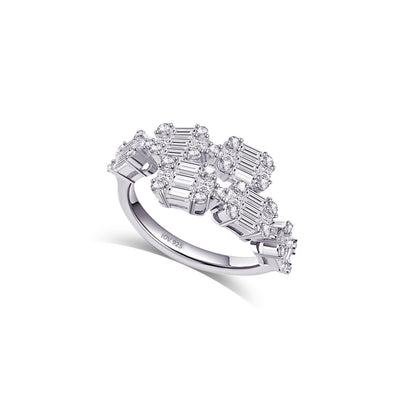 uneven one line baguette and round stones ring.
