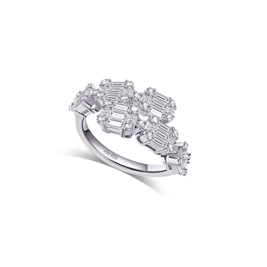 uneven one line baguette and round stones ring.