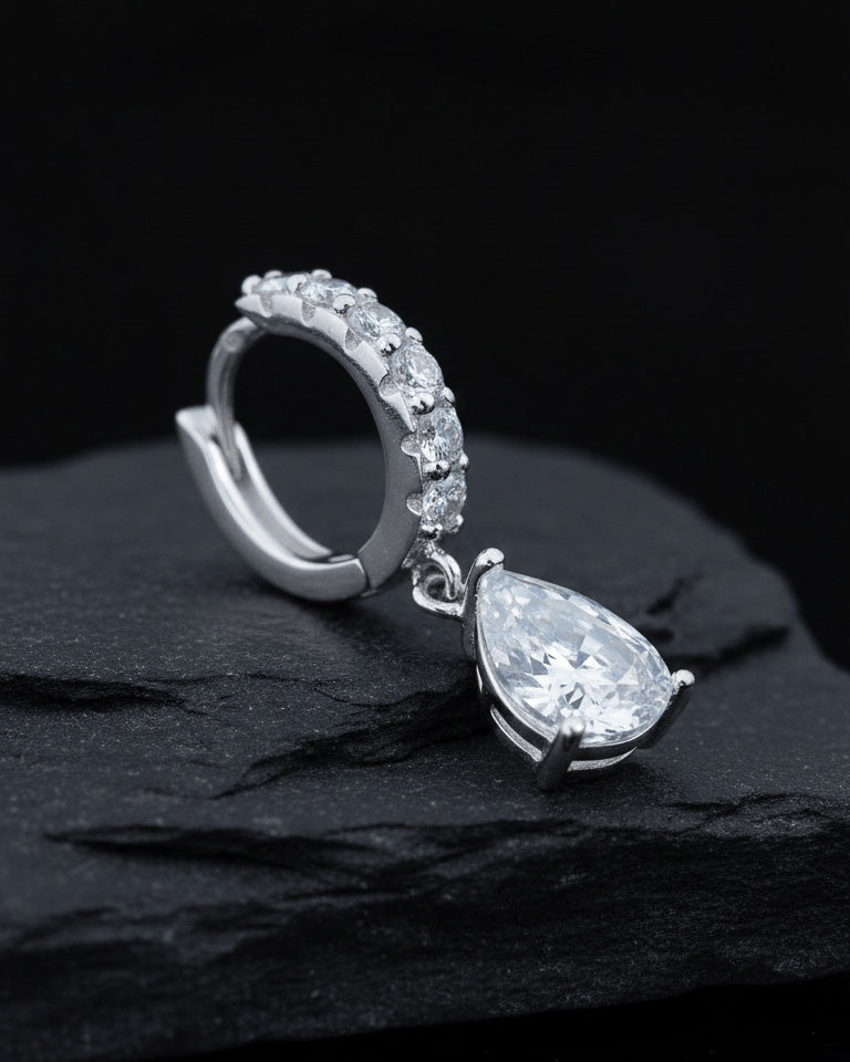 CZ tear drop shape huggie hoop earring.