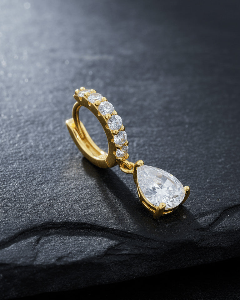 CZ tear drop shape huggie hoop earring.