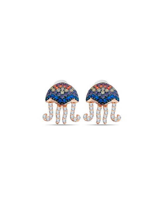 Multi color CZ jelly fish shape rosegold stud earring.