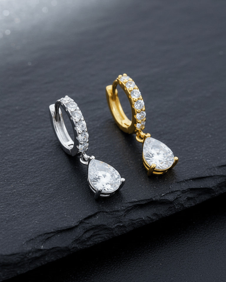 CZ tear drop shape huggie hoop earring.