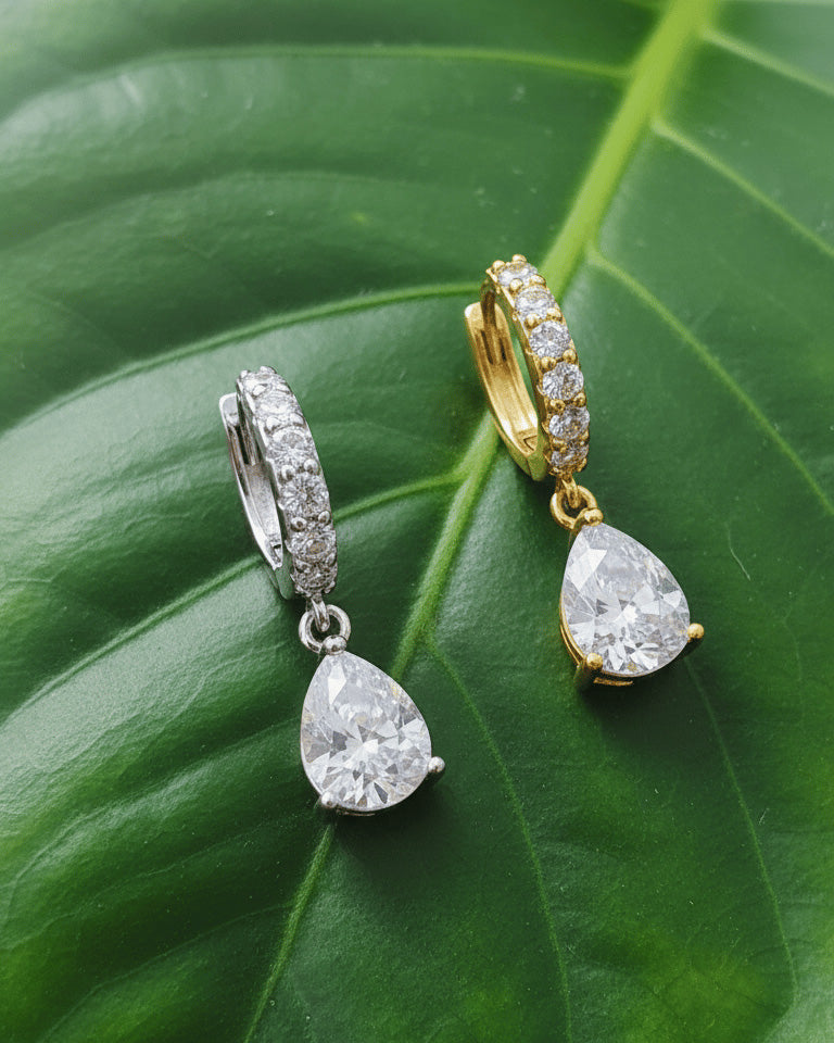 CZ tear drop shape huggie hoop earring.
