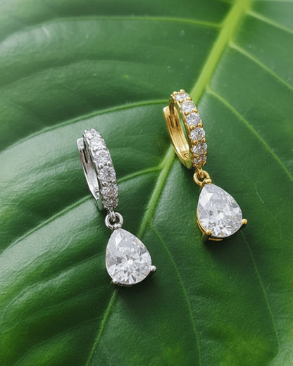 CZ tear drop shape huggie hoop earring.
