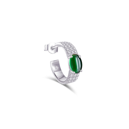 CZ pave setting hoop earring with emerald color cabochon stone.
