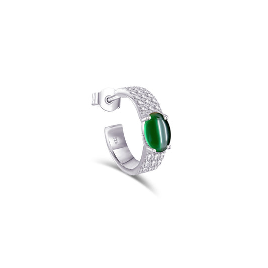CZ pave setting hoop earring with emerald color cabochon stone.