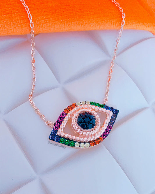 multicolor CZ rosegold eye shape necklace.