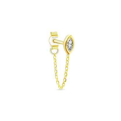 CZ marquise in a bezel setting stud earring with dangling chain linked to stud.