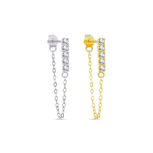 CZ bar with dangling chain front and back style earring.