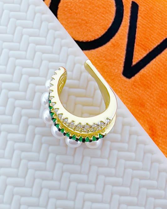 green and white CZ pealr earcuff plated with yellow gold.