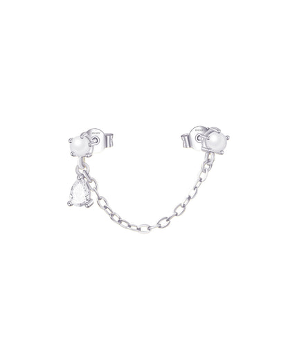 double pearl stud earring with one dangling pear CZ stone.