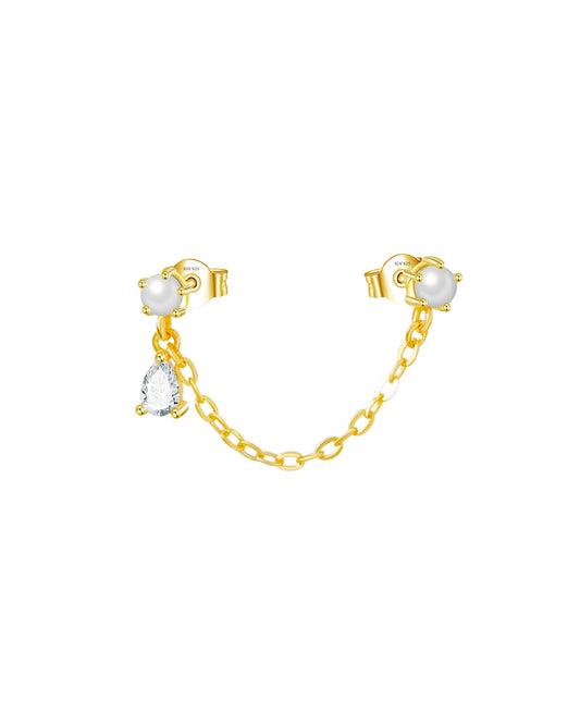 double pearl stud earring with one dangling pear CZ stone.