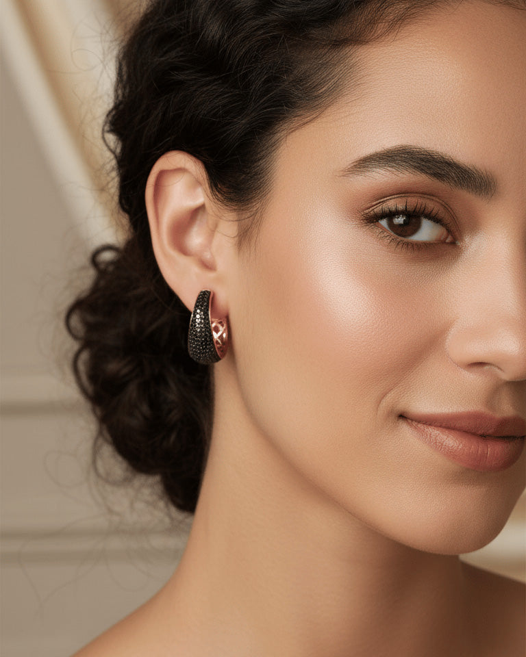 Black CZ Statement Hoops in Rose Gold-Plated Sterling Silver
