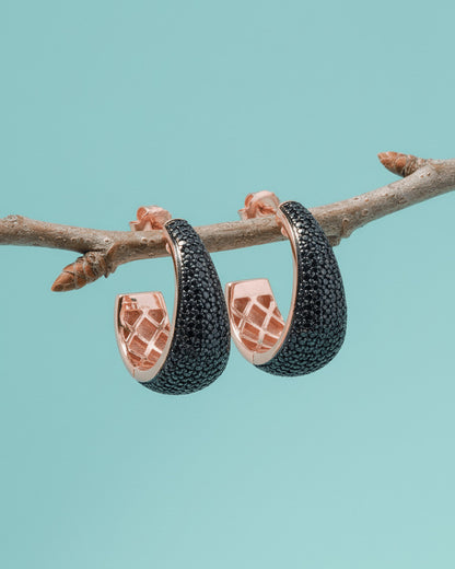 Black CZ Statement Hoops in Rose Gold-Plated Sterling Silver