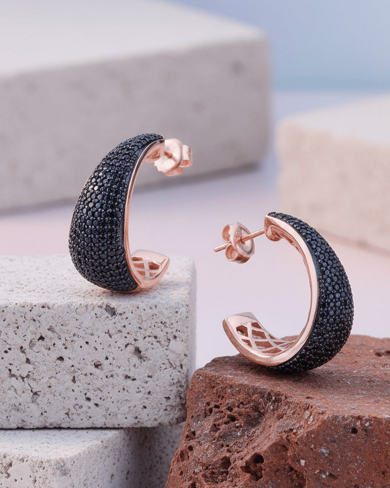 Black CZ Statement Hoops in Rose Gold-Plated Sterling Silver
