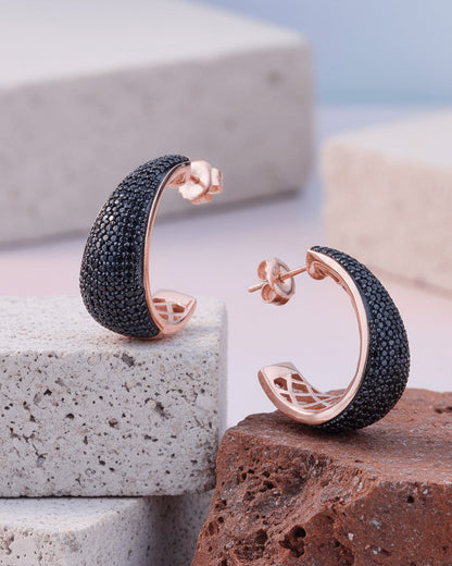 Black CZ Statement Hoops in Rose Gold-Plated Sterling Silver