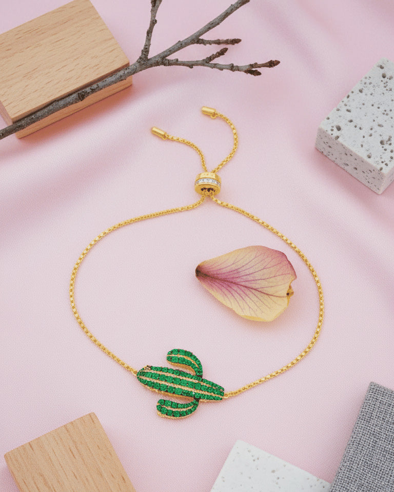 Cactus shape adjustable sterling silver bracelet plated with yellow gold.