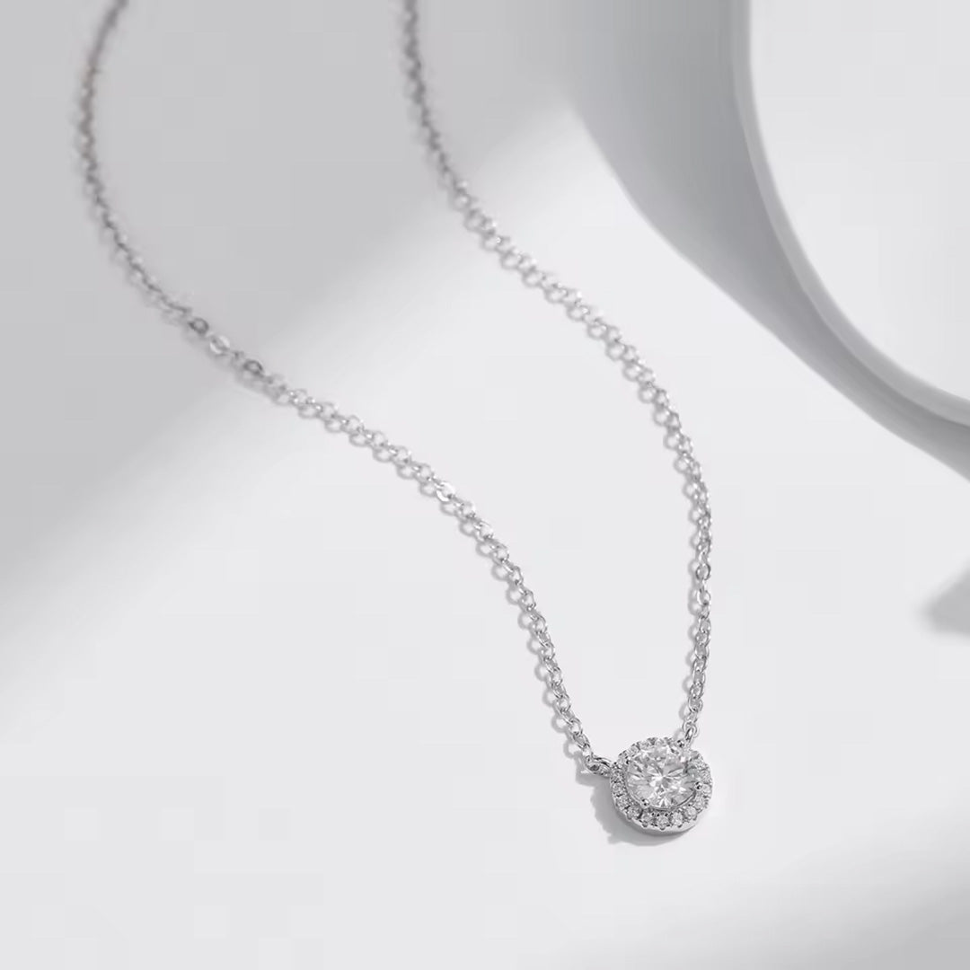solitaire CZ necklace in halo setting.