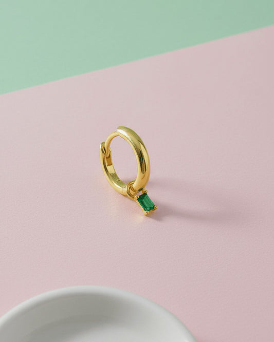 8 mm plain hoop with removable dangling rectangular emerald color CZ stone.