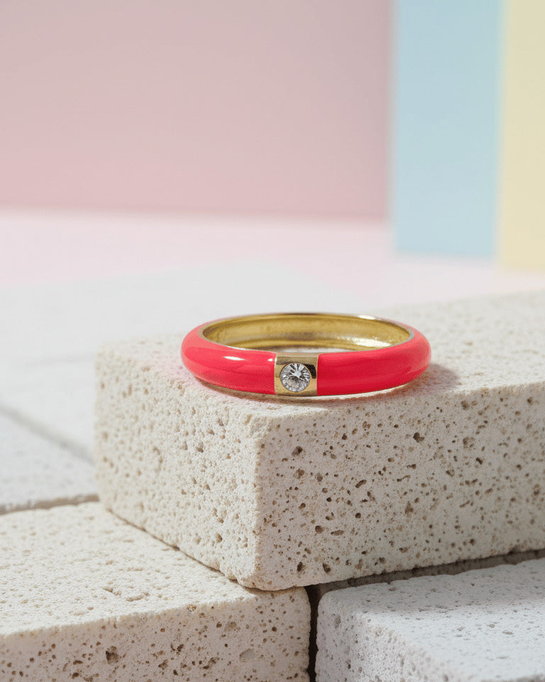 Enamel colors eternity rings with one round CZ stone.