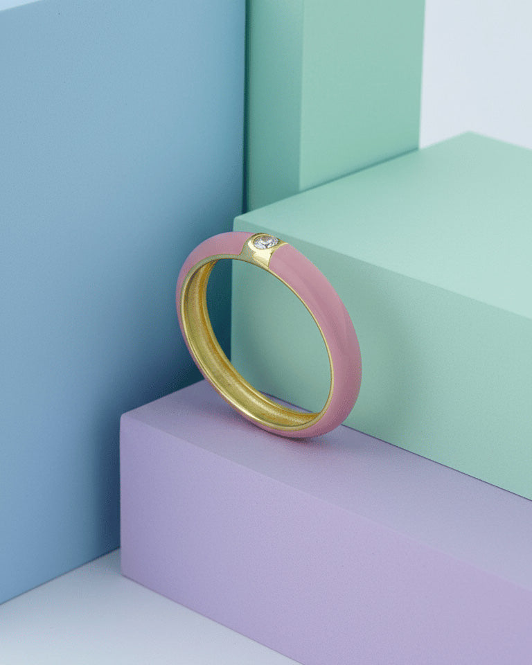 Enamel colors eternity rings with one round CZ stone.