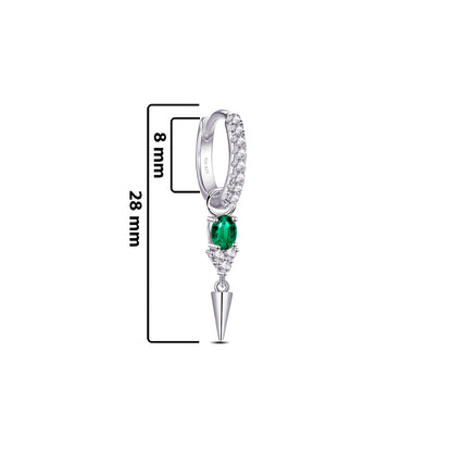 hoop earring with dangling oval emerald color stone ends with plain cone shape