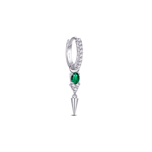 hoop earring with dangling oval emerald color stone ends with plain cone shape