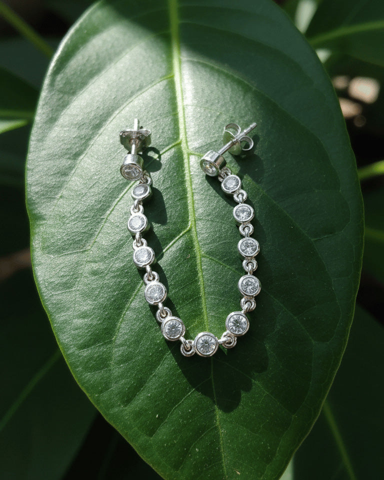 double stud earring of round stones in bezel setting.
