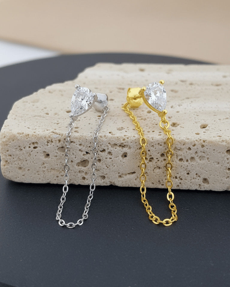 Pear shape back to front dangling chain earring.